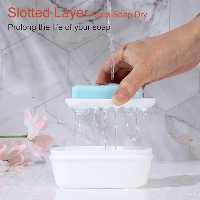 Quatish Leakproof Soap Dish with Lid & Draining Layer, Shatterproof Travel Bar Soap Holder Case Container, Portable Travel Size Toiletries Essentials for Camping, Gym, Bathroom, White