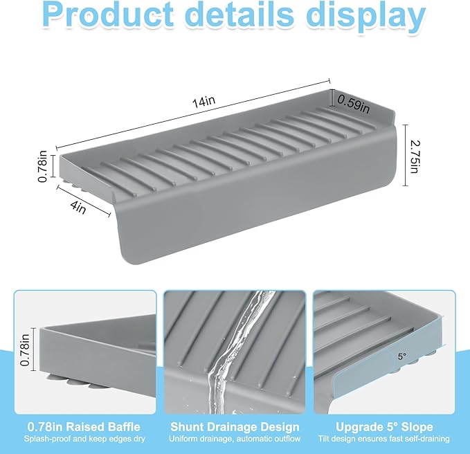 Silicone Faucet Splash Guard 4" x 14", Faucet Water Catcher Mat, Longer Silicone Sink Mat for Kitchen, Bathroom, Laundry Room, Farmhouse for Quartz Kitchen Sink（Gray）
