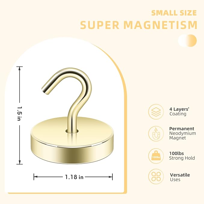 Neosmuk Magnetic Hooks, Cruise Ship Essentials, 100lb+ Heavy Duty Magnetic Hooks for Cruise Cabins, Refrigerator, Grill, Hanging, and Travel | Extra Strong Must-Have Magnet Hook, Gold