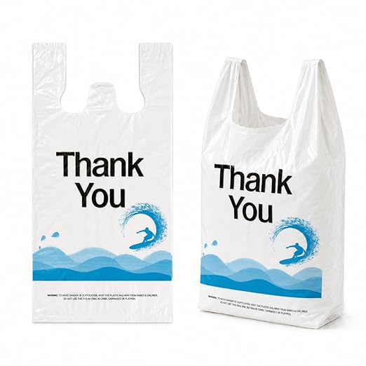 YoYoRain 100 Count Plastic T-Shirt Carry Bags with Handles, Durable Retail & Merchandise Shopping Bags for Grocery and Take-Out