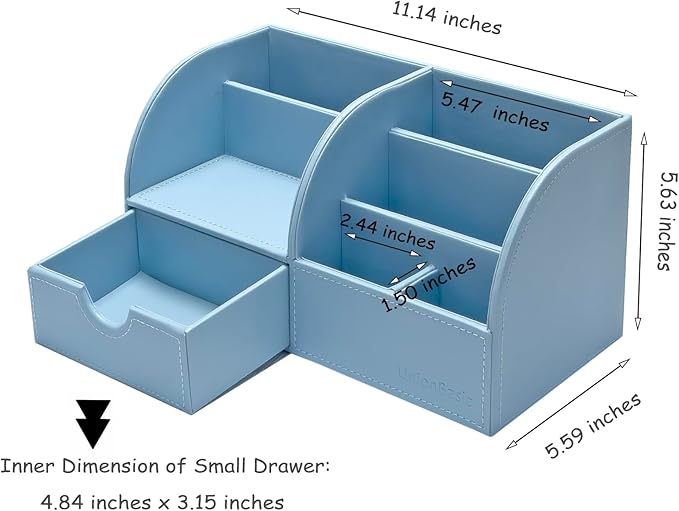 UnionBasic Desk Organizer - Multifunctional Leather Desktop Pen Holder Storage Box - Business Card/Pen/Pencil/Mobile Phone/Stationery Holder, Blue