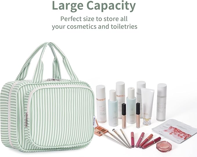 Narwey Striped Hanging Toiletry Bag for Women Travel Makeup Bag Organizer Toiletries Bag for Travel Size Essentials Accessories Cosmetics (Mint Green Stripe (Medium))