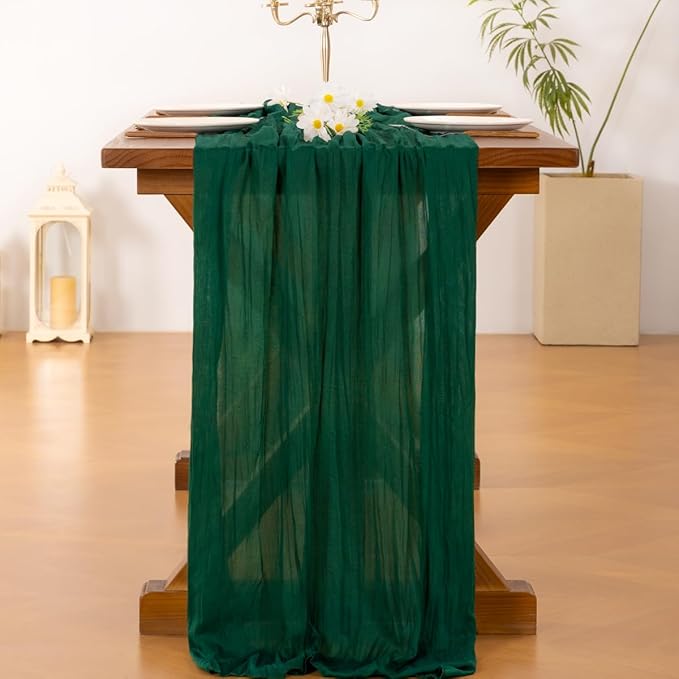 Socomi Emerald Green Cheesecloth Table Runner Summer Boho Rustic Gauze 120 inch 10FT Cheese Cloth Sheer Runner for Wedding Party Baby Shower Birthday Home Decor Holiday Decorations
