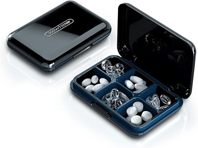 Daily Pill Organizer, Pill Box for Purse - Dtouayz Travel Pill Case, Vitamin Supplement and Medication Dispenser Waterproof 6 Compartment Medicine Holder, Weekly (Six days) Large Pill Container, Black