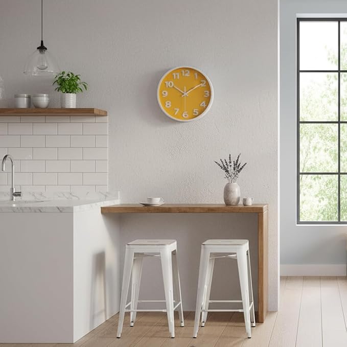 10 Inch Yellow Wall Clock with 3D Big Numbers, Modern Round Silent Non-Ticking Clock, Easy to Read for Kitchen & Office, Bright Housewarming Gifts for Home Decor
