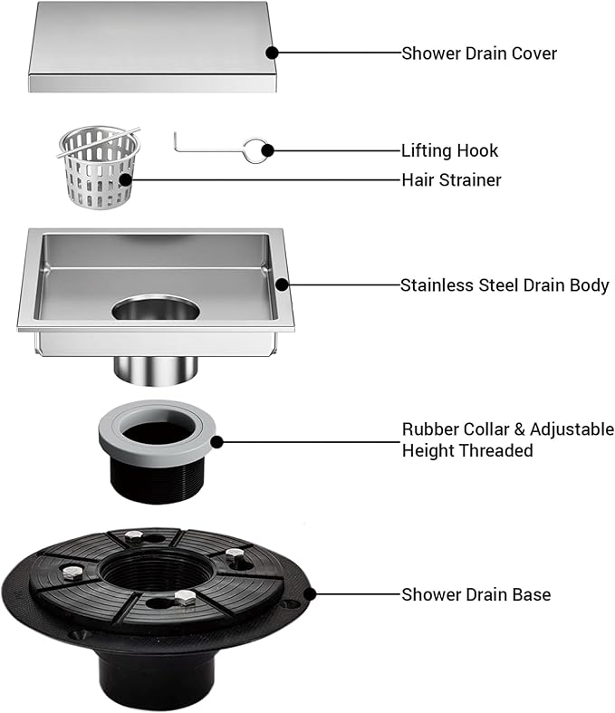 4 Inch Square Shower Floor Drain, Shower Drain Kit with Flange and 2 in 1 Tile-Insert Cover, Square Shower Drain, SUS 304 Stainless Steel Floor Drain,Silver