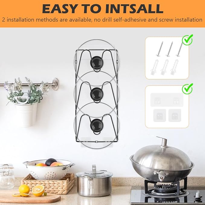 2-Pack Pot Lid Organizer 3-Tier Iron Rack | Cabinet & Wall Space-Saving - Easy No-Drill Adhesive Mount – Damage-Free Storage for Home Cooks’ Kitchen