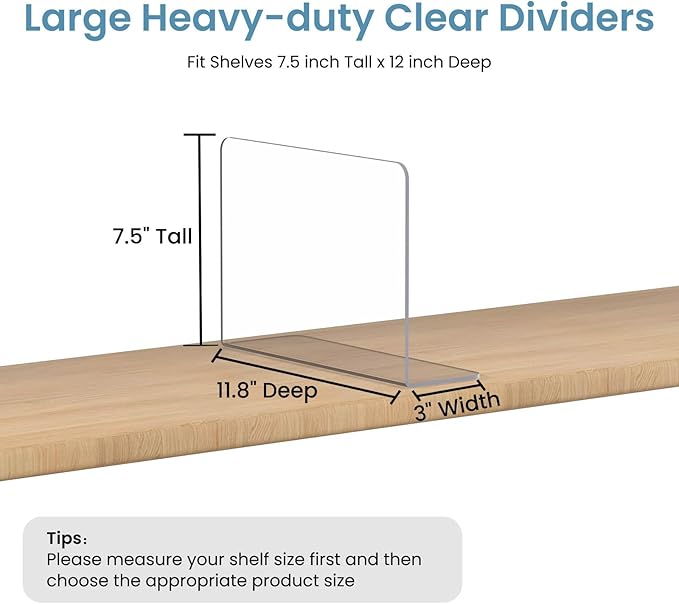 OKPOW Shelf Dividers Closet Organizer - 7.5" Tall X 11.8" Deep Acrylic Clear Sturdy Separate for Clothes Purse - Adjustable Space Saver Easy Install for Home Organization Enthusiasts 8 Pack