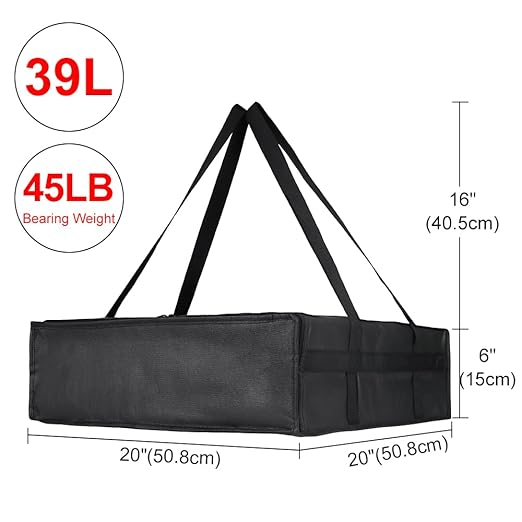 Insulated Pizza Delivery Bag for Carry Hot, 20" x 20" x 6" Carrier Warmer, Insulated Food Delivery Bag, Insulated Grocery Cooler Bags for Catering/Drivers Commercial Food Warmers（Black, 1Pk）