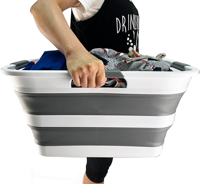 SAMMART 30L (8 gallons) Collapsible Plastic Laundry Washing Tub/Basket - Portable Laundry Hamper/Storage Container Foldable Laundry Basket - Space Saving (White/Steel Grey)