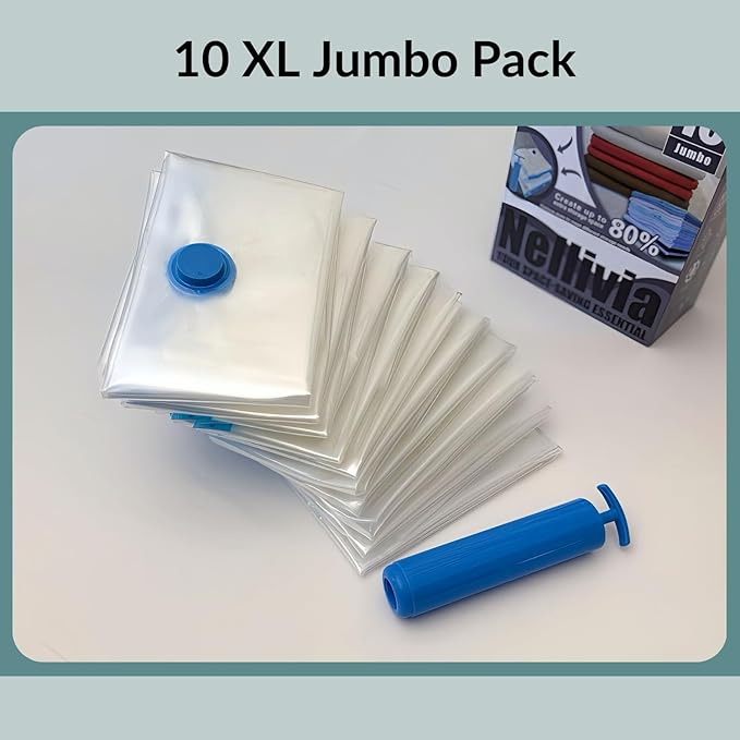 10 XL Jumbo Vacuum Storage Bags with Pump, Extra Large Compression Space Saver for Comforter, Duvet, Bedding, Blanket Storage, Vacuum Seal Bags for Clothing, Luggage Closet Organizer