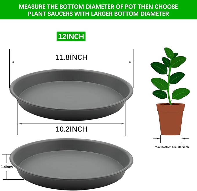 TITE Plant Saucer Heavy Large Planter Durable Thicker Plastic Plant Trays for Indoors and Outdoor,Plant Saucer Drip Trays (Grey, 12 inch)