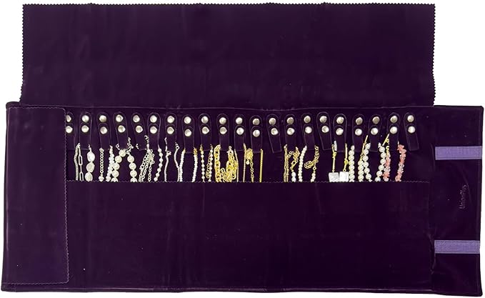 UnionPlus Velvet Travel Jewelry Roll Bag Organizer for Necklace, Elastic Band and Anti-winding, Large, Purple