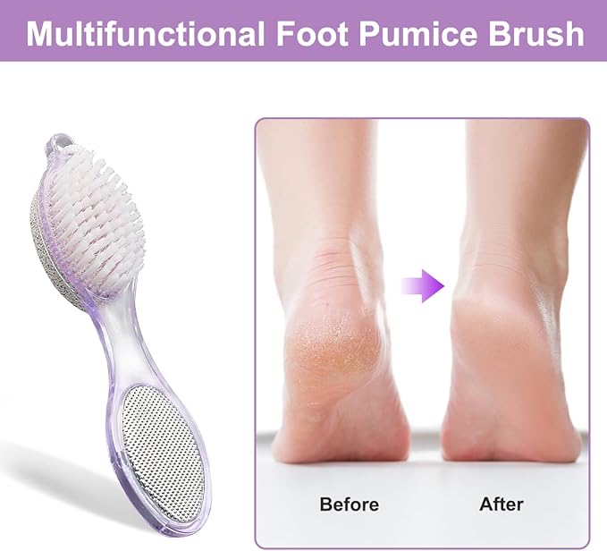Foot Brush and Pumice Stone - 4 Pack Foot Brush Scrubber for Shower 4 in 1 Pedicure Foot File Exfoliator for Foot Care - Purple and Blue