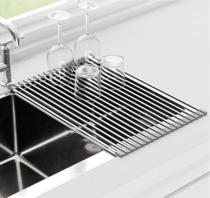 Ahyuan Roll up Dish Drying Rack Over The Sink Dish Drying Rack Square Tubes Dish Rack Over Sink Dish Racks for Kitchen Counter RV Camper Accessories for Travel Trailers (Gray, 17.8''Wx17.2''L)