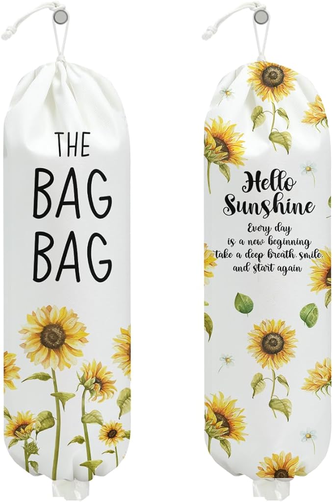 2Pcs Sunflower Plastic Bag Holder for Kitchen Essentials, Wall Mount Grocery Bag Holder for Plastic Bags, Summer Sunflower Reusable Grocery Bags Storage Dispenser for Home Kitchen Pantry Farmhouse