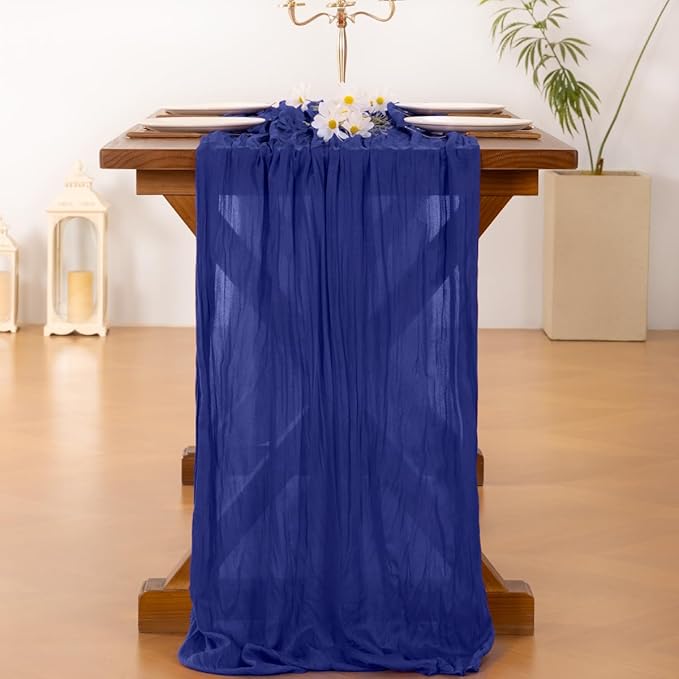 Socomi 2pcs Royal Blue Summer Cheesecloth Table Runner Boho Rustic Gauze 120 inch 10FT Cheese Cloth Sheer Runner for Wedding Party Baby Shower Birthday Home Decor Holiday Decorations