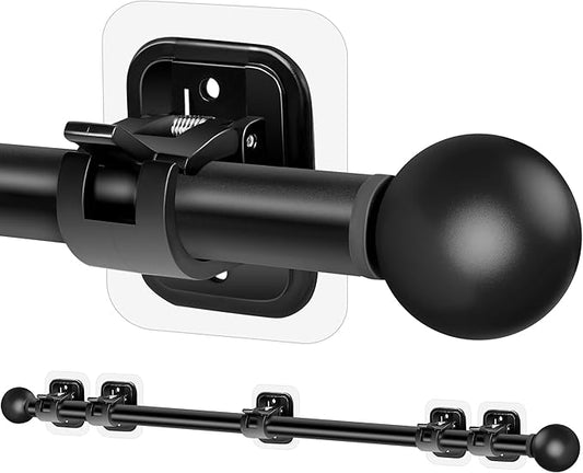 Curtain Rods No Drilling for Windows Set 66 to 120-128 Inch, 5/8 Inch Diameter Drapey Pole with No Drill Curtain Rod Brackets, Renter Friendly Cortineros Para Ventanas with Adhesive Holder Hook Black