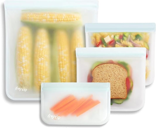 (re) zip 4-Piece Reusable Lunch & Leftovers Food Storage Bags – Leakproof, Airtight, BPA-Free, Food-Safe PEVA – Freezer Safe & Travel Friendly – Includes 1 Gallon, 2 Sandwich & 1 Snack Bag