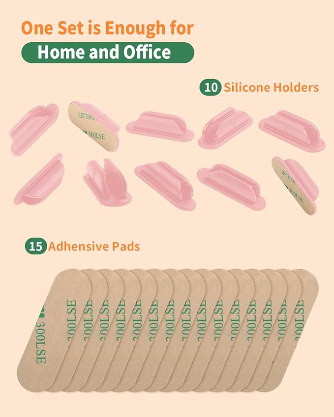 Adhesive Pencil Holders for Desk Set of 10 - Silicone Pen Holder with 15 PCS Adhesive Pads - Flexible Pencil Holder for Office Essentials Accessories and Teacher Supplies, Pink