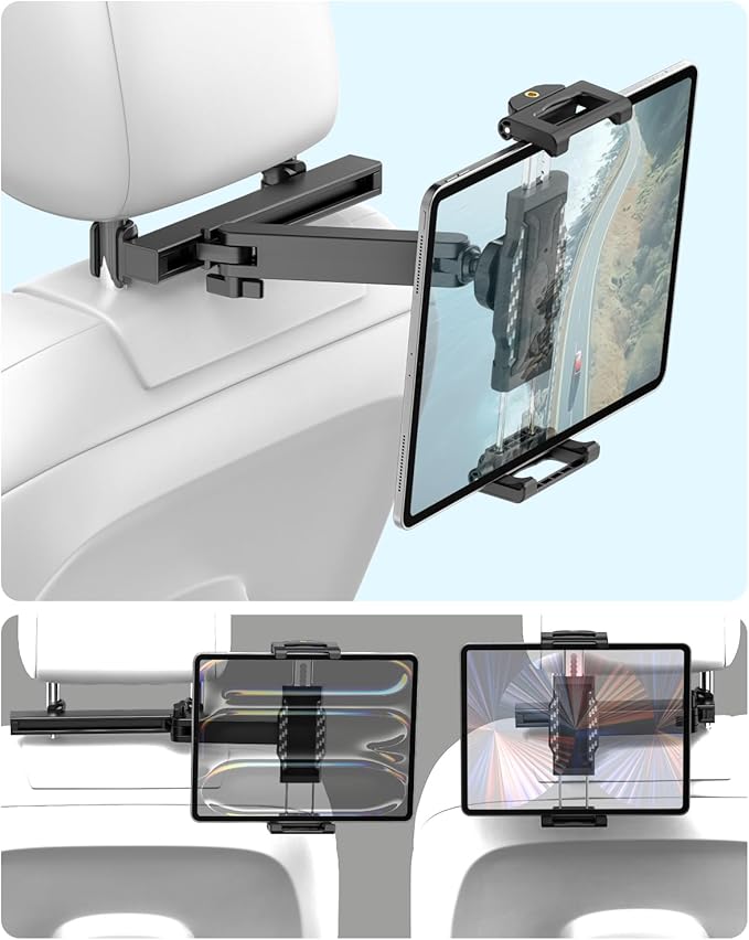 Car Back Seat Tablet Holder, [Thick Case Friendly] Car Headrest Tablet Mount Stand with Extension Arm, Road Trip Essentials for Kid, Fits iPad Pro 12.9 Air Mini, Tab, iPhone, 6.1-13" Device