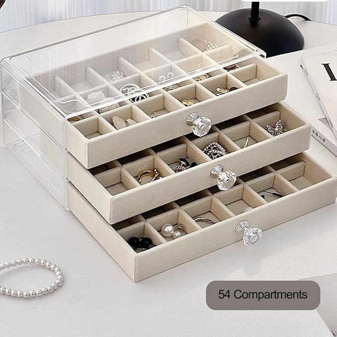 SPAKOWN Earring Box Holder Organizer Display Case, Clear Velvet Jewelry Storage Tray Organizer for Earring Ring Stud (Beige - 3 Drawers)