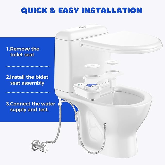 POCALAND Bidet Attachment for Toilet Seat, Non-Electric Cold Water Bidet with Pressure Controls, Dual Nozzles for Frontal & Rear Wash, Retractable Self-Cleaning for Female & Old- White