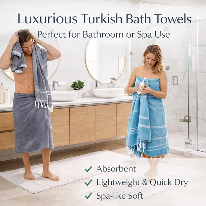 Clotho Turkish Beach Towel Set of 4 – 100% Turkish Cotton, Oversized & Quick Dry – Sand Free Lightweight Travel & Pool Towels with Chair Bands – Giftable Clear Carry Case – Made in Türkiye