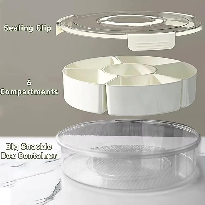 Divided Serving Tray with Lid and Handle,Portable Divided Snackle Box Container 6 Compartments,Clear Lazy Susan Organizer and Fridge Storage Container for Candy,Nuts,Fruits,Snacks and Veggie