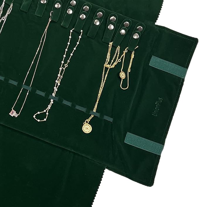UnionPlus Velvet Travel Jewelry Roll Bag Organizer for Necklace, Elastic Band and Anti-winding, Large, Blackish Green