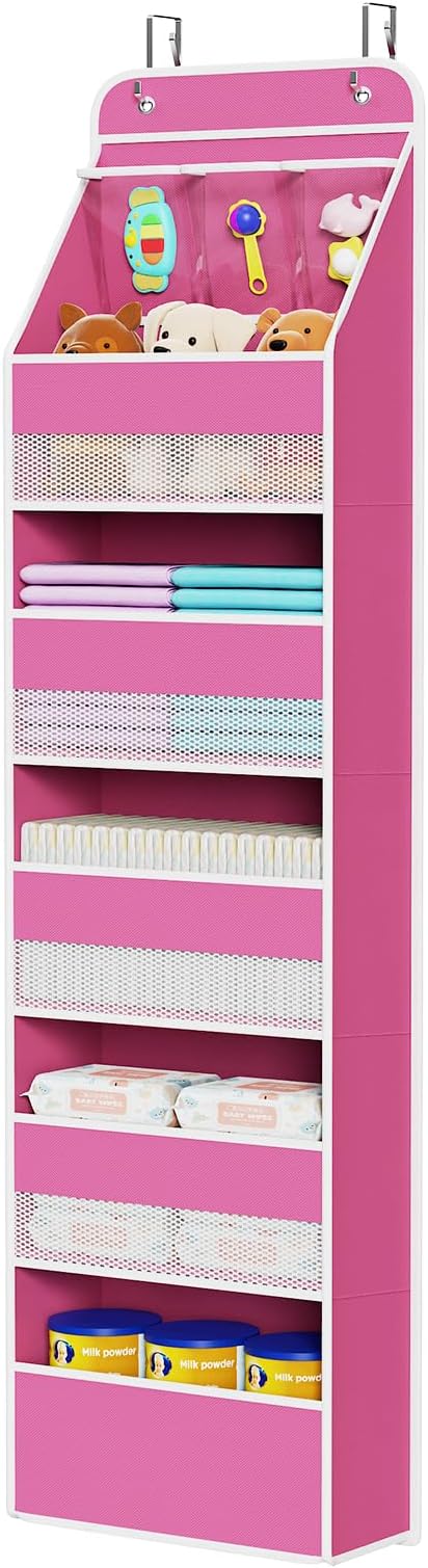 Univivi 6-Shelf Over Door Hanging Organizer Fabric Baby Door Storage with 5 Large Pockets and 3 Small PVC Pockets Wall Mount Hanging Storage Organizers for Baby Essential (Pink)