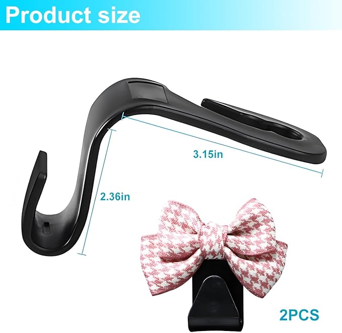 Mandark 2PCS Car Seat Headrest Hooks, Cute Bow Vehicle Hooks for Purses and Bags, Automotive Purse Hook Hanger Interior Decoration Accessories, Universal for SUV, Sedan, Truck (Pink/Small)