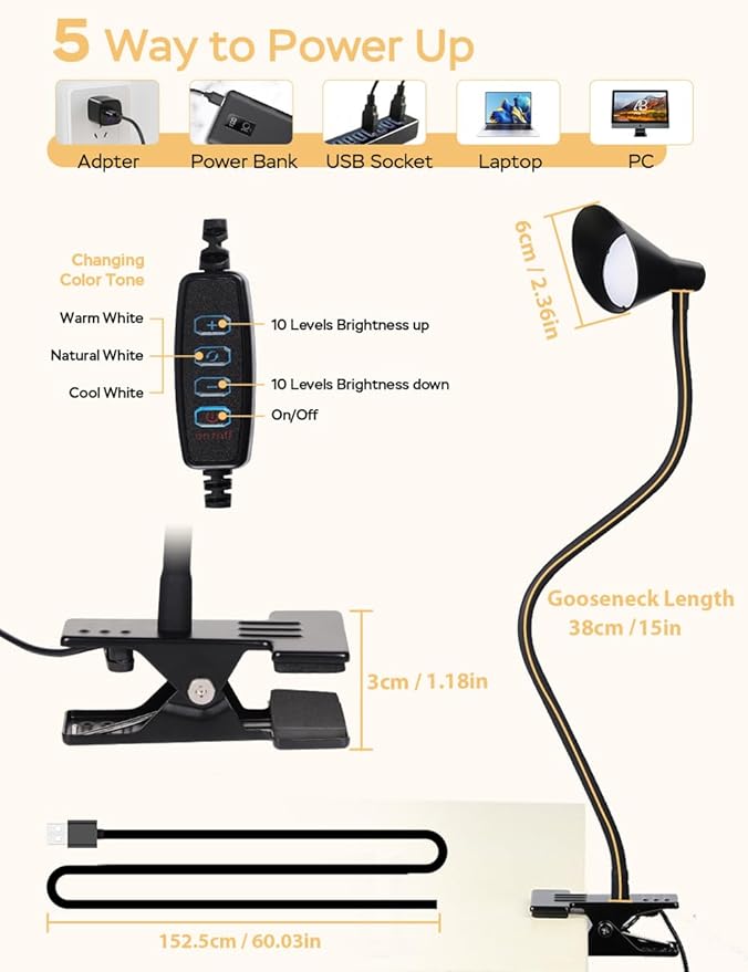 Clip on Light USB Reading Light 3 Color Modes 10 Brightness Levels Eye Care Clamp Light Flexible Gooseneck Dimmable Reading Lamp Clip on Lamp for Bed Headboard Desk Bedside Dorm (Black)