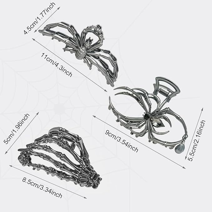 3 Pieces Large Metal Spider Net Hand Hair Claw Clips for Women and Girls Thick Long Hair, Nonslip Skeleton Spooky Barrette Headband Hair Styling Accessories for Halloween Christmas Gifts