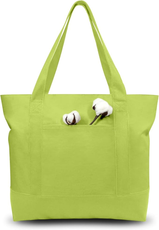 TOPDesign 3-Pack Canvas Tote Bags with an External Pocket, Reusable Grocery Shopping Bags, Top Zipper Closure, Daily Essentials (Light Green)