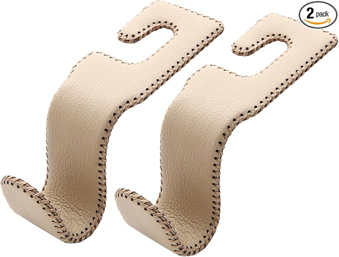 U-Shaped Car Leather Hooks – Car Purse Holder, Headrest Hooks for Car, Back Seat Organizer - Elevate Your Travel Experience!(Beige)