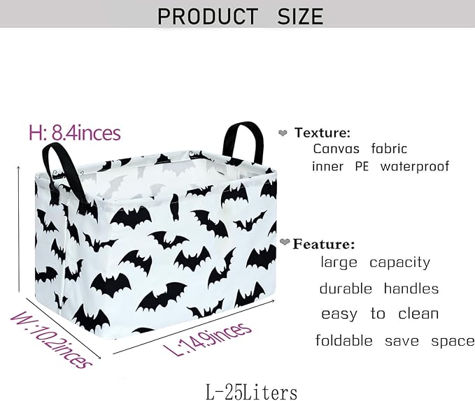 KUNRO Bat Pattern Storage Basket Gift Shelf Basket Storage Bin, Nursery Basket Organizer Box for With Handles for Room Deco