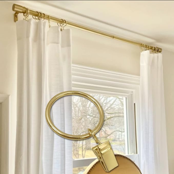 WeeksEight 40 Pack Gold Curtain Rings with Clips, Curtain Hooks Hangers Clip Rings for Hanging Drapes Bows Hat, Drapery Rings 1.5 in I D, Fits up to 1.2 in Diameter Curtain Rod.
