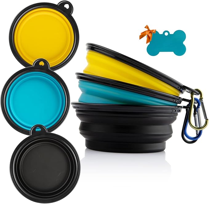3 Collapsible Silicone Dog Bowl, Foldable Expandable Cup Dish for Small Pet Cat Food Water Feeding Portable Travel Bowl, Free Pet ID-Tag, Yellow Blue Black, S
