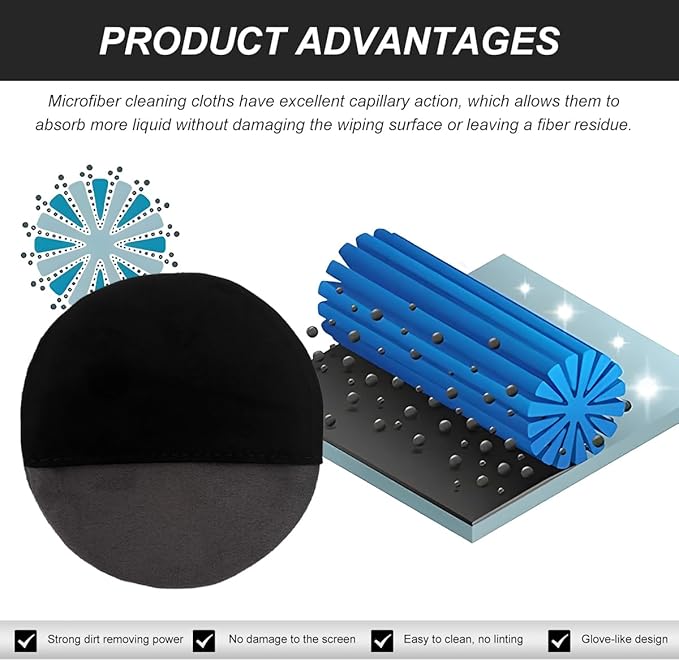 2PCS Car Screen Cleaner, 4.33"×4.33" Round Microfiber Cloth Auto Cleaning Wipes, Reusable Non-Scratch Touchscreen Cleaning Pad for Dashboard LCD Display Laptop, Car Accessories