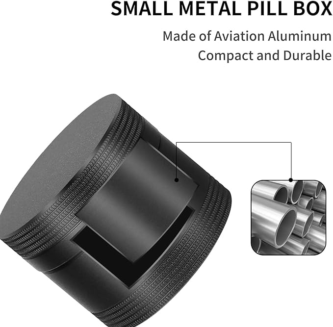Small Daily Pill Box - Portable Waterproof Metal Pill Case for Pocket or Purse Aluminium Alloy Round Travel Pill Container Medicine Vitamin Organizer Unique Gift