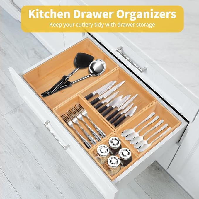 5PCS Bamboo Drawer Organizer with Adjustable Wood 2 Drawer Dividers, Stackable Makeup Desk Junk Storage Boxes Container Trays with 7 Grid for Kitchen Utensils,Bathroom, Office