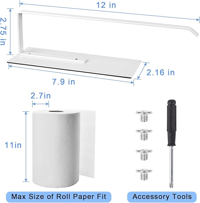 Paper Towel Holder Magnetic, Magnetic Paper Towel Holder for Fridge, Toilet Paper Roll Holder Magnet Towel Rack Wall Mount Shelf Bar for Towels Rolls Bathroom RV Dorm Kitchen Wall Decor, White 2 Pack