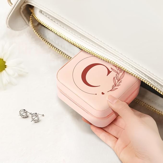 SANDJEST Personalized Jewelry Box, Pink Small Travel Jewelry Box with Initial C, Monogrammed Jewelry Case Organizer for Girls Women Teen, Mini Travel Essentials Gifts for Christmas Birthday