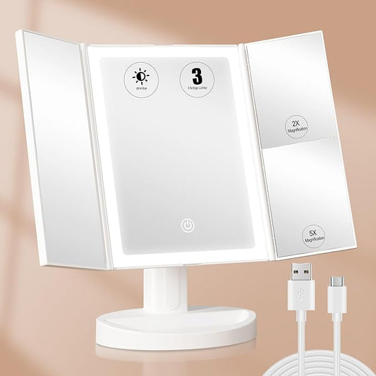 S'bagno LED Makeup Mirror with Lights, 1X/2X/5X Magnification, 3 Color Dimmable LED Modes, 270° Rotation, Trifold Vanity Mirror for Travel, Skincare & Grooming