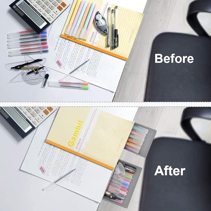 YOOUSOO 2 Pack Under Desk Pencil Organizer Set, Hidden Adhesive Desk Drawer Attachment with Pen Holder And Tray Storage, Modern Workspace Organizers for Home Office And School