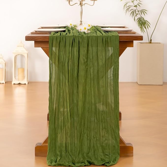 Socomi 10pcs Moss Green Summer Cheesecloth Table Runner Boho Rustic Gauze 120 inch 10FT Cheese Cloth Sheer Runner for Wedding Party Baby Shower Birthday Home Decor Holiday Decorations