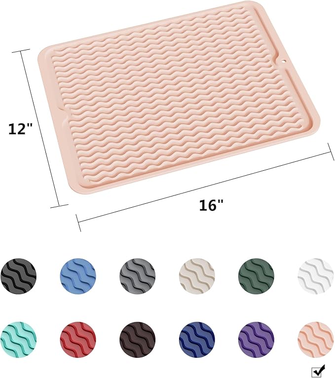 ZLR Silicone Dish Drying Mat for Kitchen Counter, Eco-Friendly Fast Dry Dish Mat, Easy Clean Multi Usage Drying Matt, Heat Resistant Trivet, 16" x 12" Large, Peach Pink