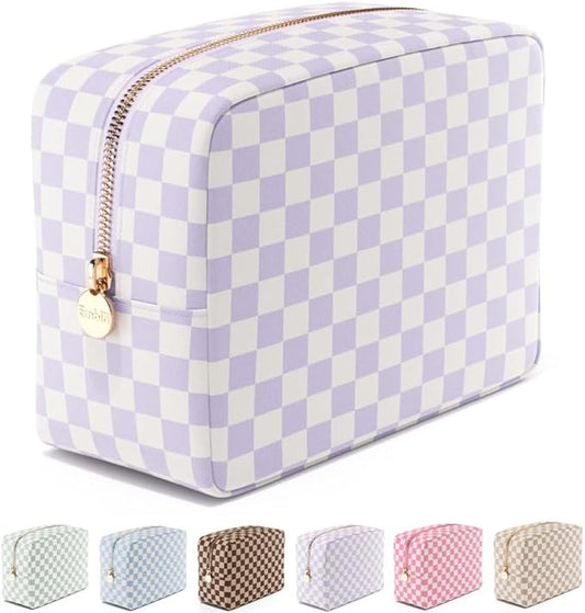 Embla Makeup Bag Travel Cosmetics Pouch and Toiletry Bag, Nylon Zipper Pouch Purse, Cute Make Up Organizer Storage Tote for Women Girls, Travel Skincare Case, Large Makeup Case, Dusty Rose Checkered