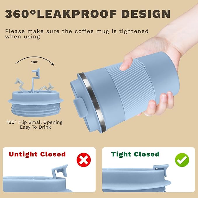 SPLMIFA Vacuum-Insulated Stainless Steel Travel Coffee Mug, Leak-Proof Reusable Coffee Cup with Lid - Keep Hot & Cold Drinks for Hours, Durable Insulated Tumbler for Men & Women(3rd-Light Blue, 17OZ)